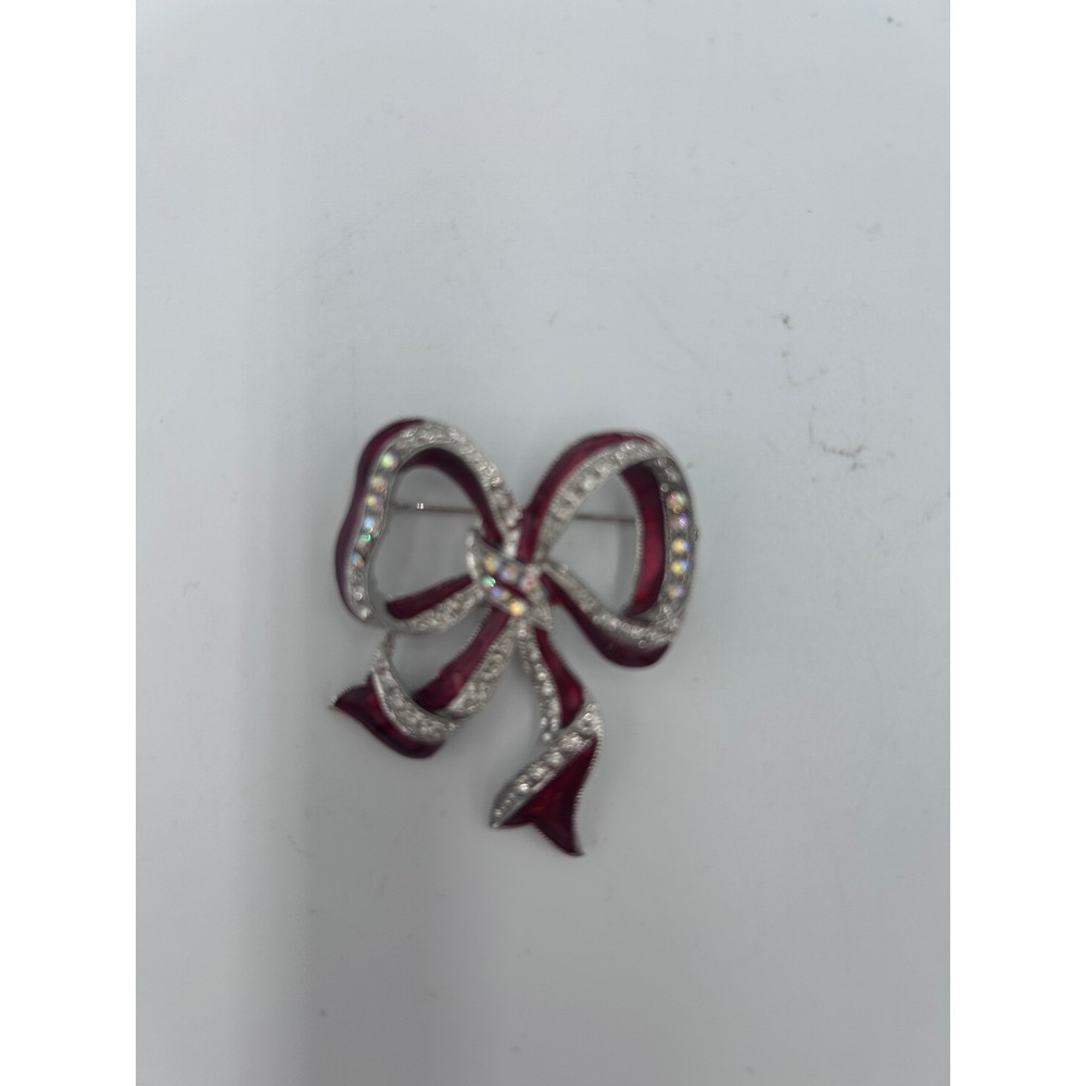 Vintage Style Red Enamel Bow Brooch Silver Tone Aurora Borealis Rhinestone Pin